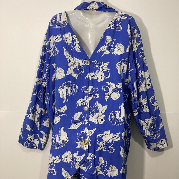 Tramway Paris Floral Tunic top long sleeve asymmetrical hem open back blue white - Picture 2 of 11